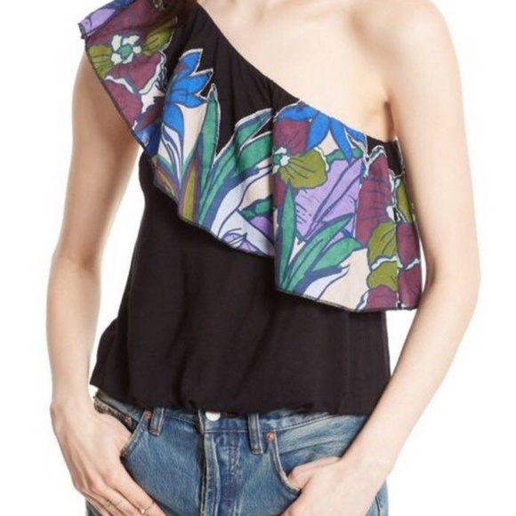 Free People Annka Ruffle One-Shoulder Tank BLACK - Picture 2 of 5